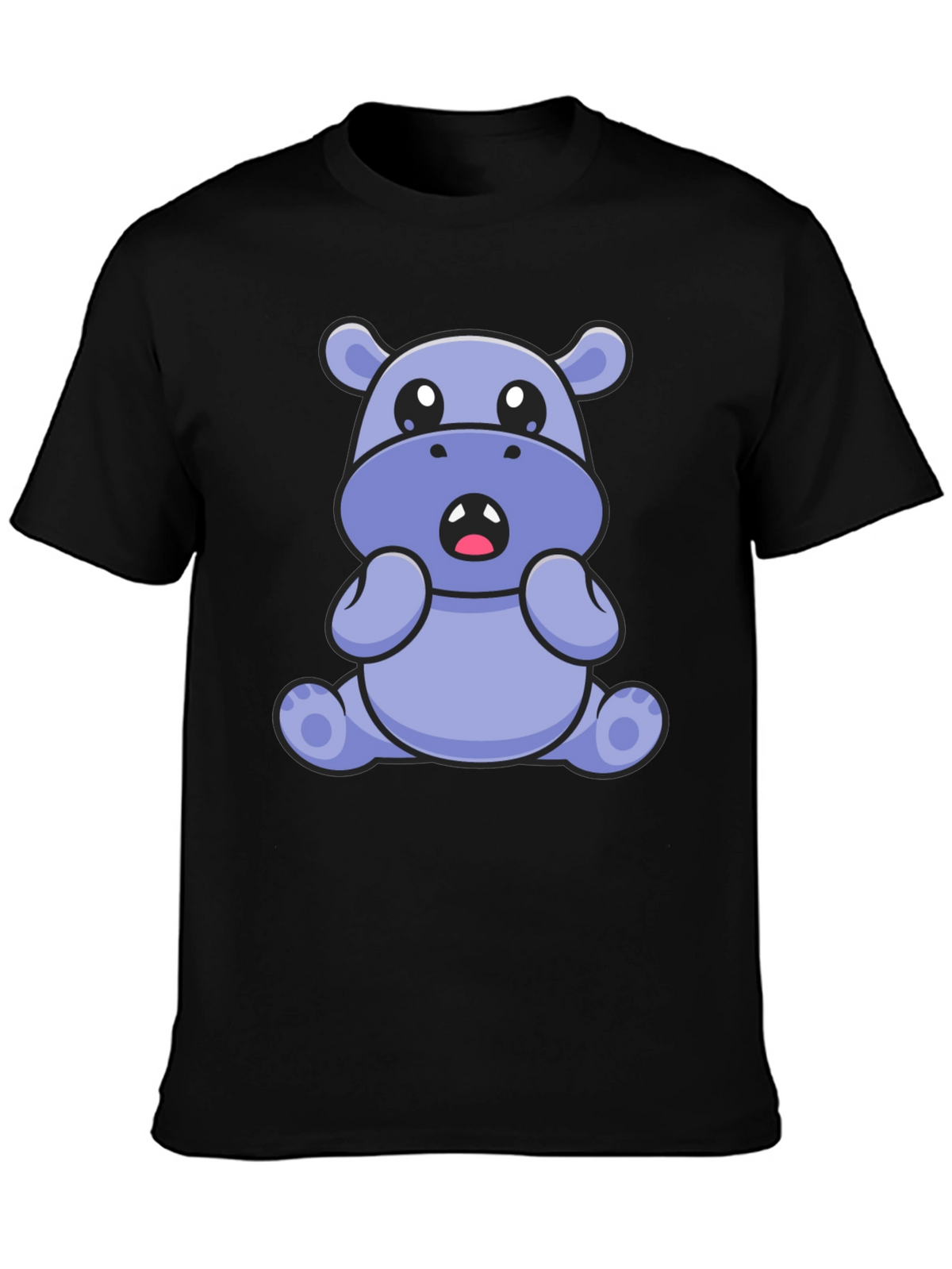Cute Hippo Graphic Tee - Black Cotton Blend T-Shirt