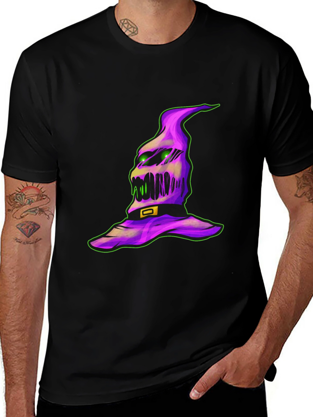 Spooky Halloween Hat Graphic Tee - Black Cotton Shirt