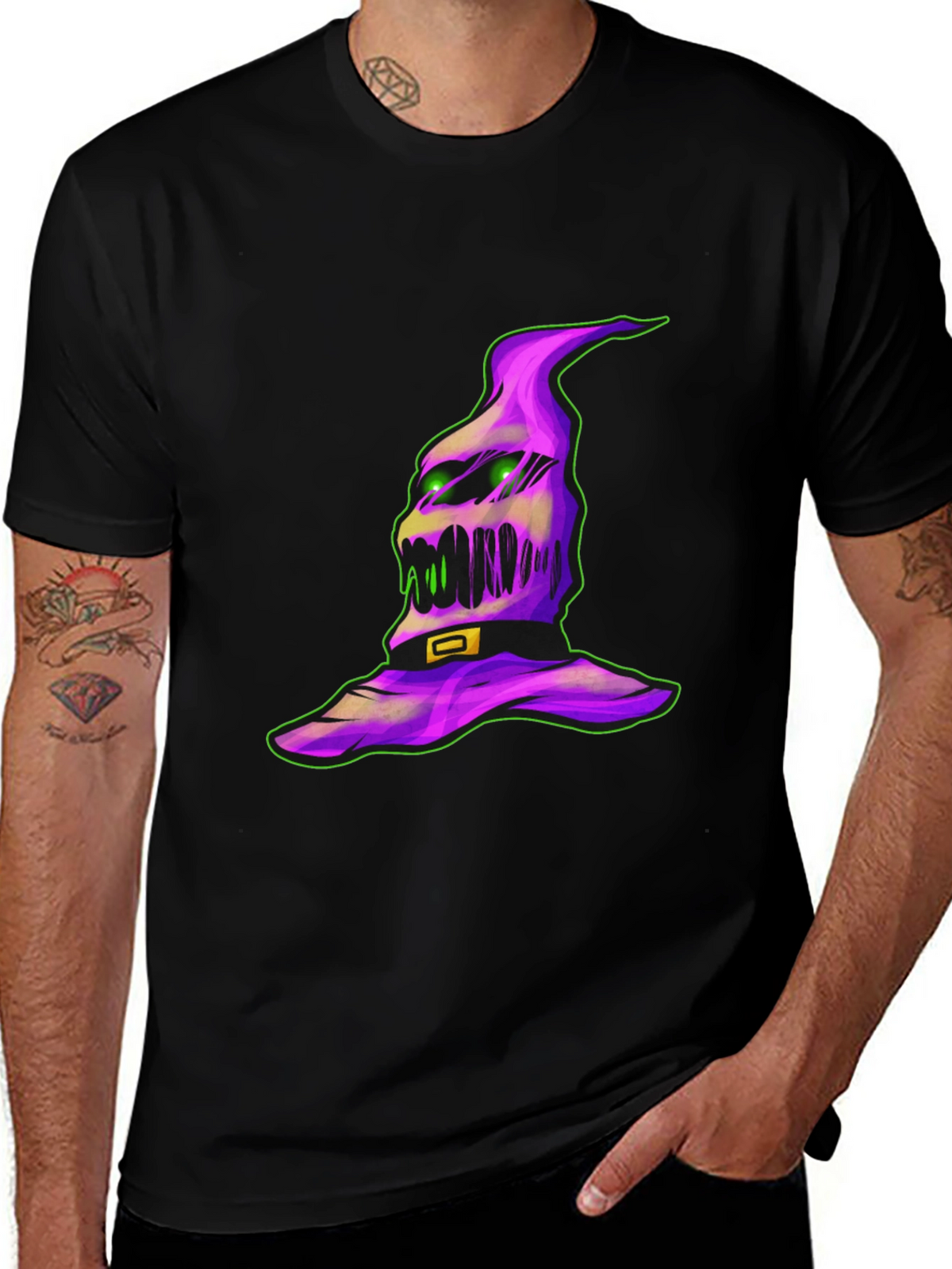 Spooky Halloween Hat Graphic Tee - Black Cotton Shirt