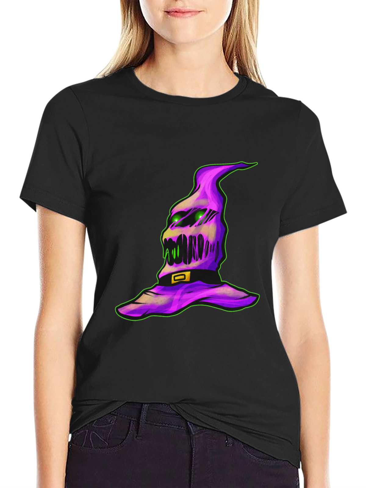 Spooky Halloween Hat Graphic Tee - Black Cotton Shirt