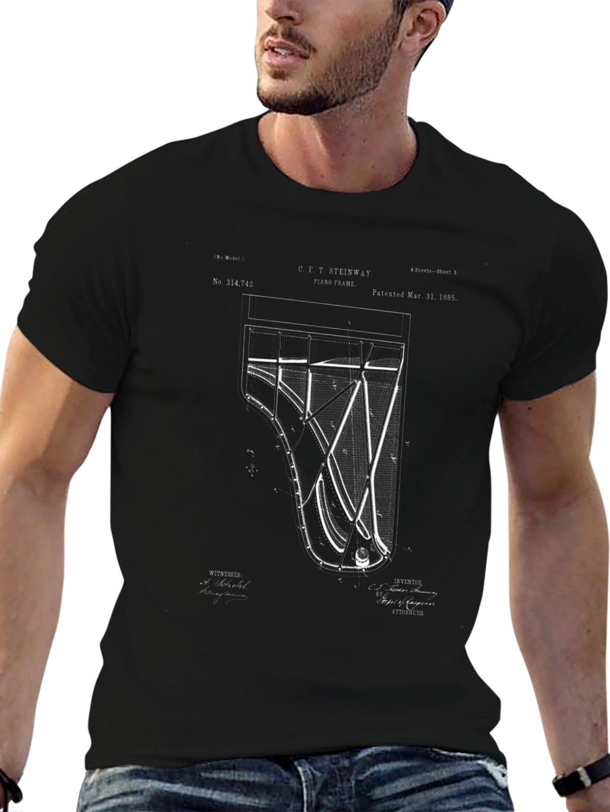 Grand Piano Blueprint Graphic T-Shirt