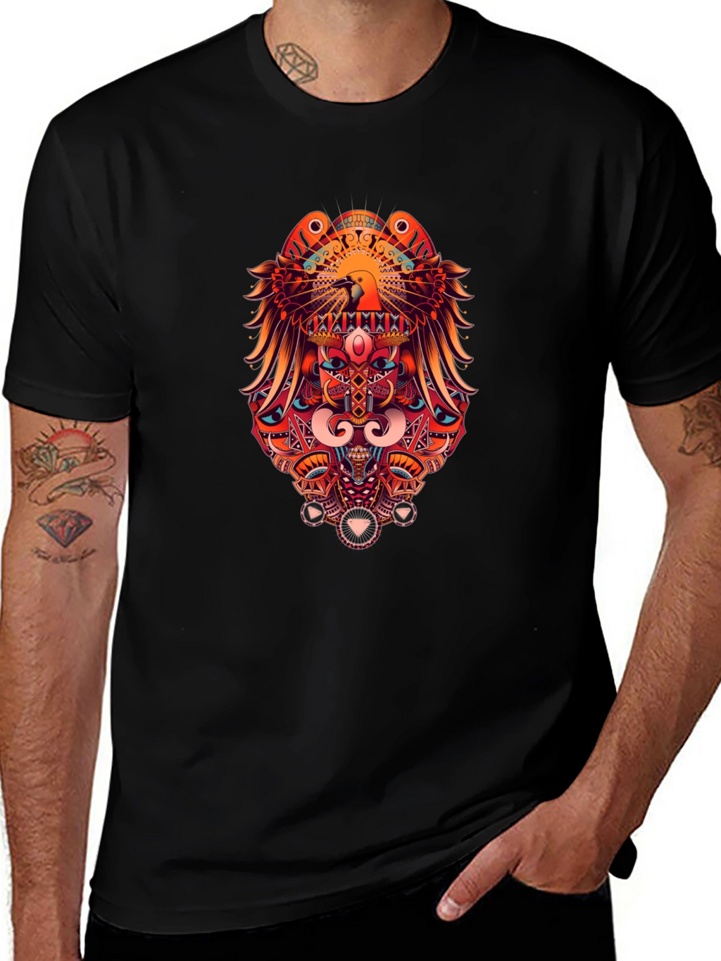 Bold Graphic Print Tee - Eagle & Geometric Design