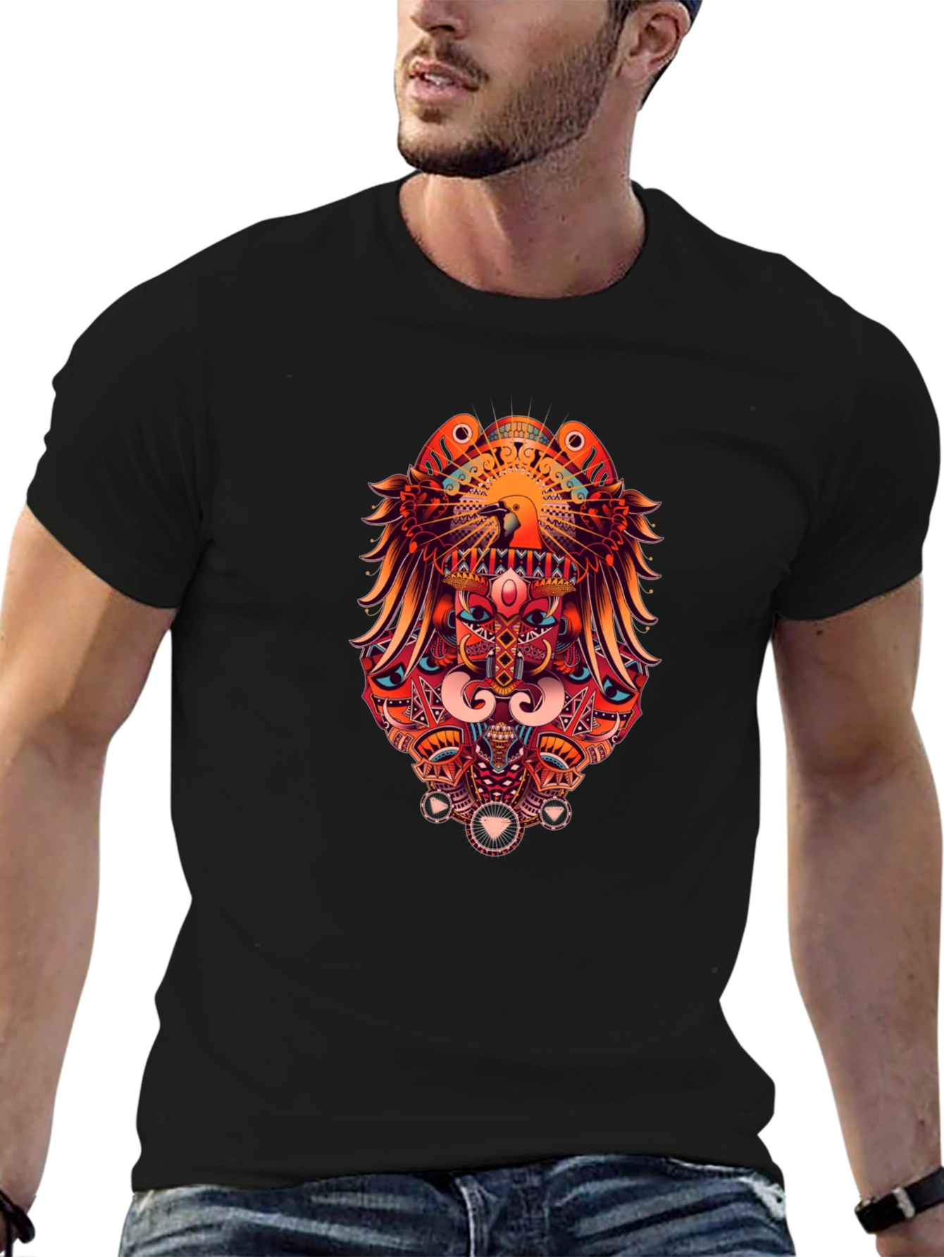 Bold Graphic Print Tee - Eagle & Geometric Design