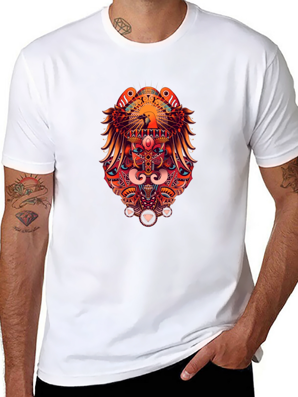 Bold Graphic Print Tee - Eagle & Geometric Design