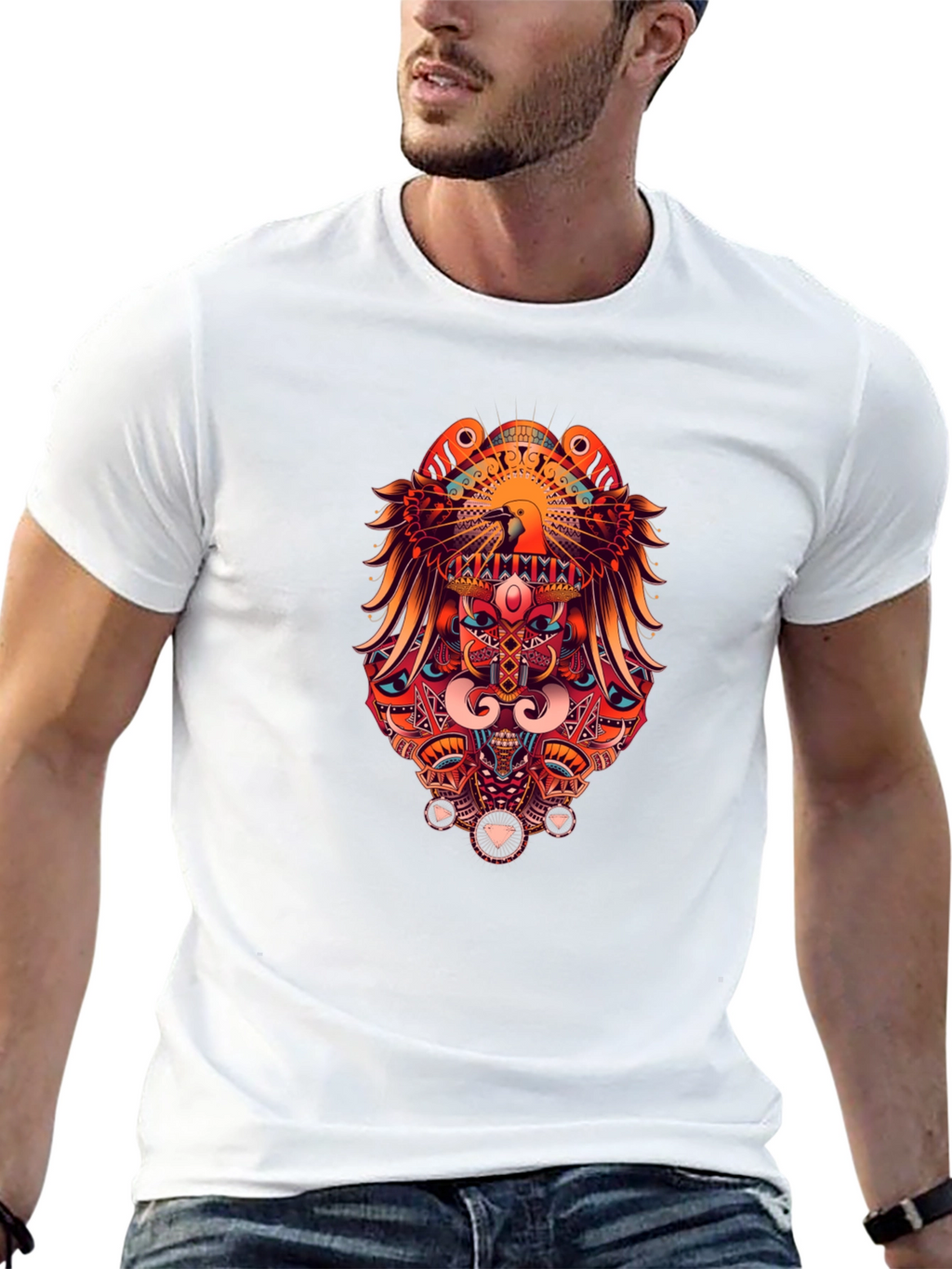 Bold Graphic Print Tee - Eagle & Geometric Design