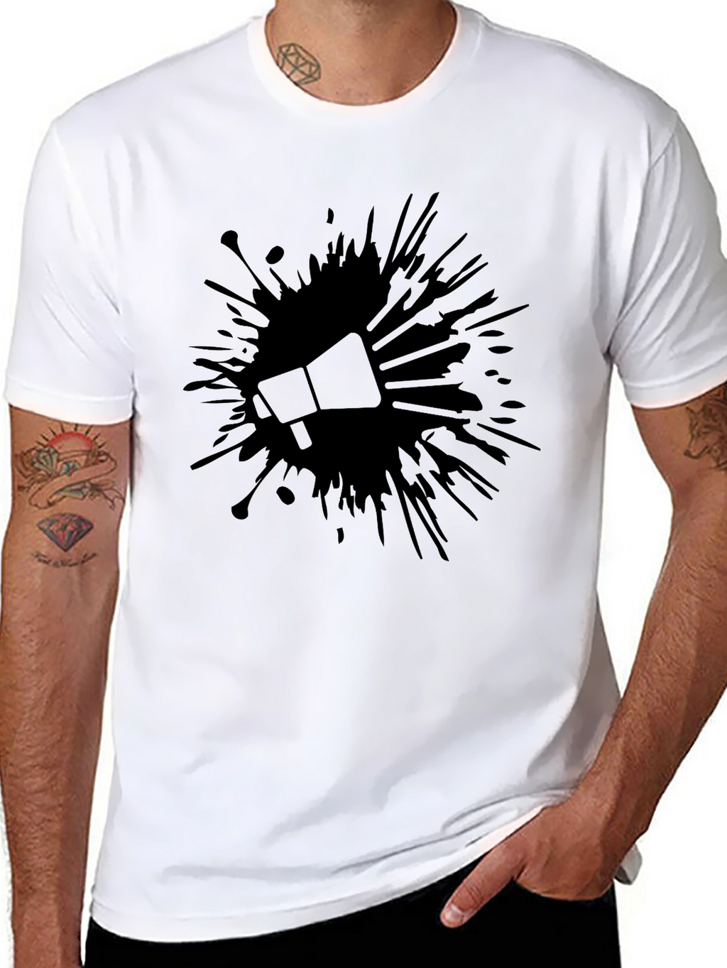 Bold Black Tee: Megaphone Splash Design