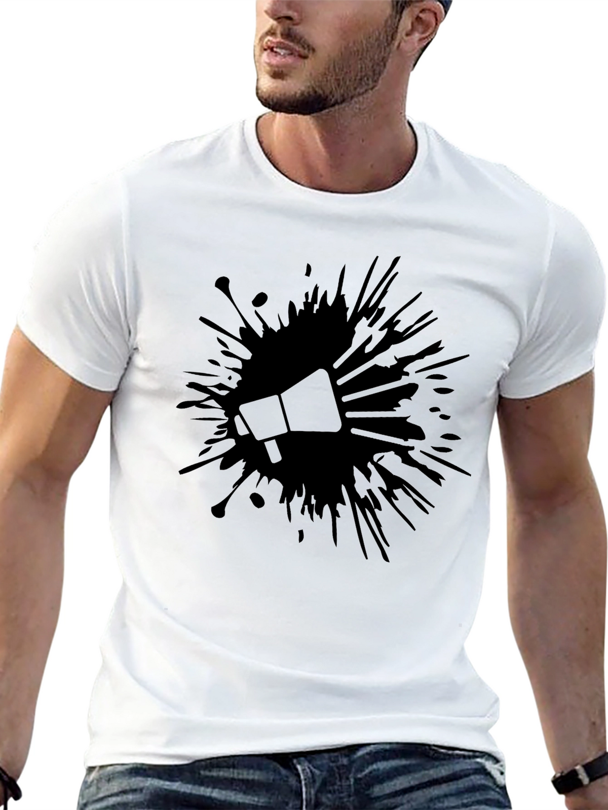 Bold Black Tee: Megaphone Splash Design