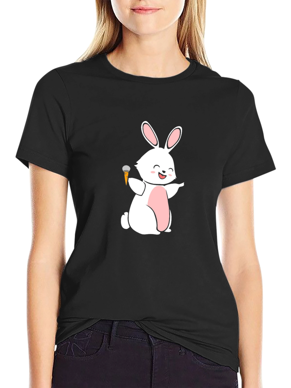 Funny Bunny Carrot Mic Graphic Tee - Black