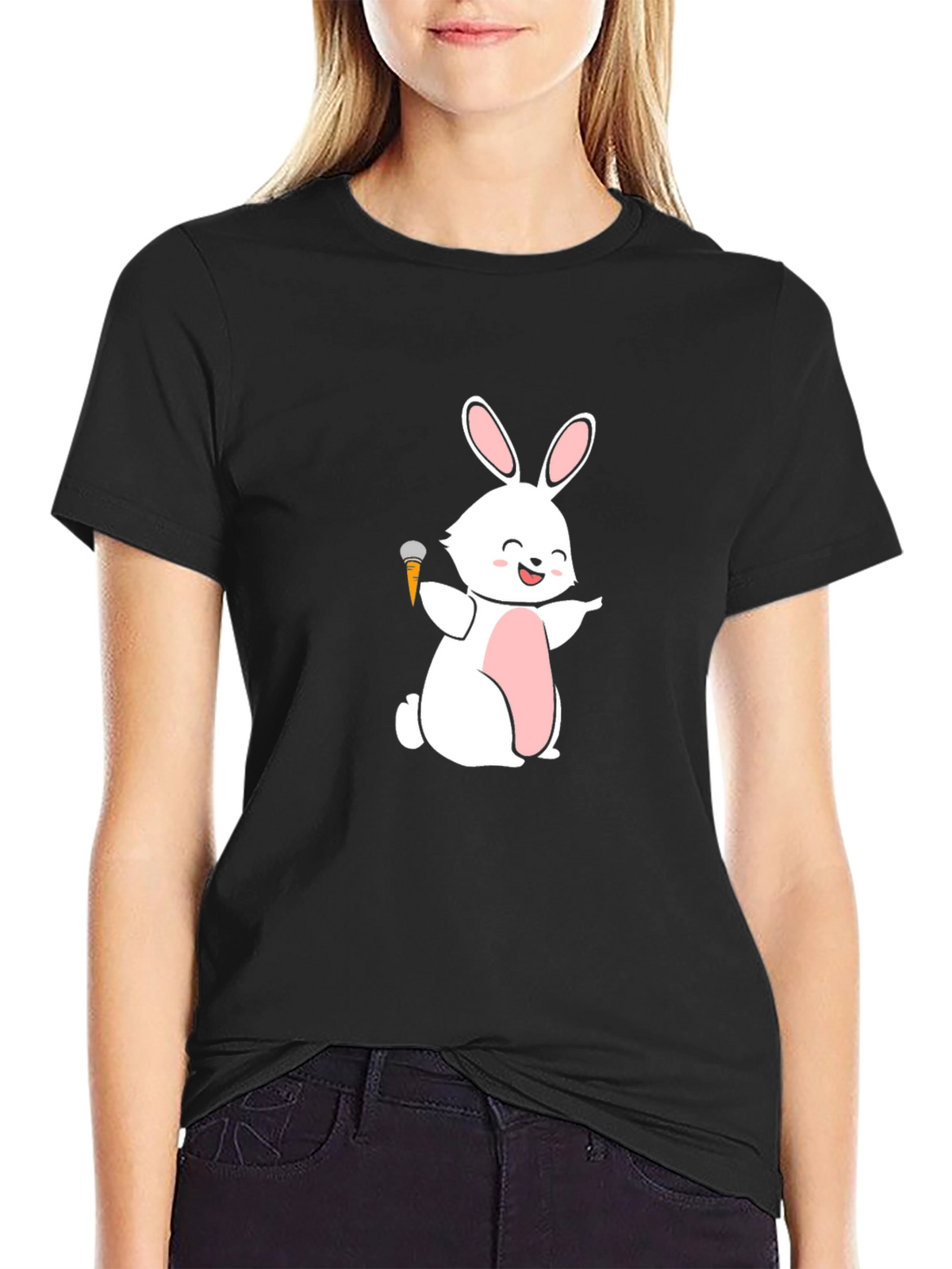 Funny Bunny Carrot Mic Graphic Tee - Black