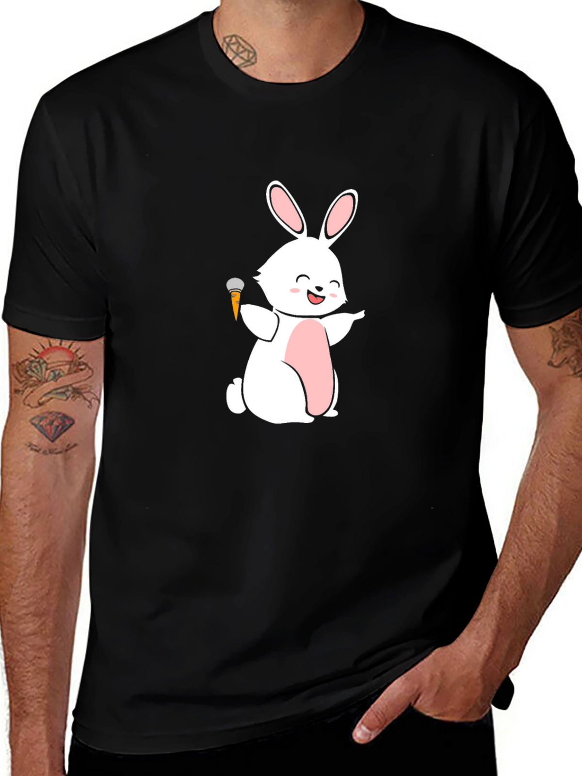 Funny Bunny Carrot Mic Graphic Tee - Black