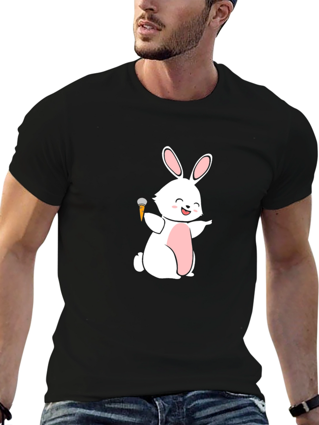 Funny Bunny Carrot Mic Graphic Tee - Black