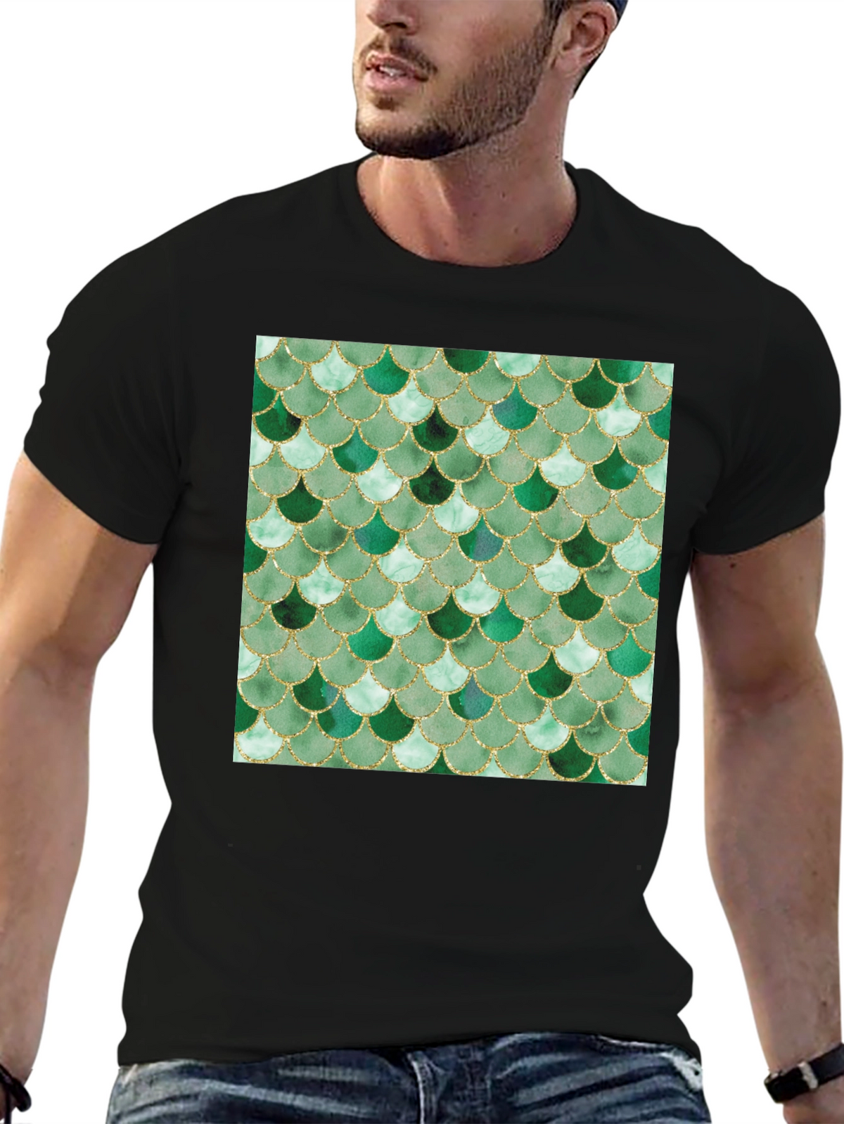 Green Scale Print Black T-Shirt - Stylish Casual Wear