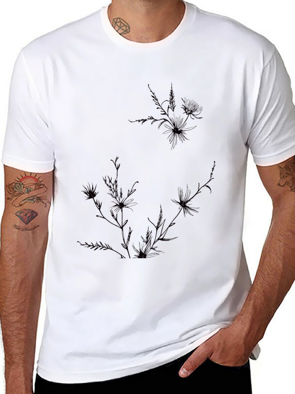 Mens Black Graphic Tee - Floral Accent