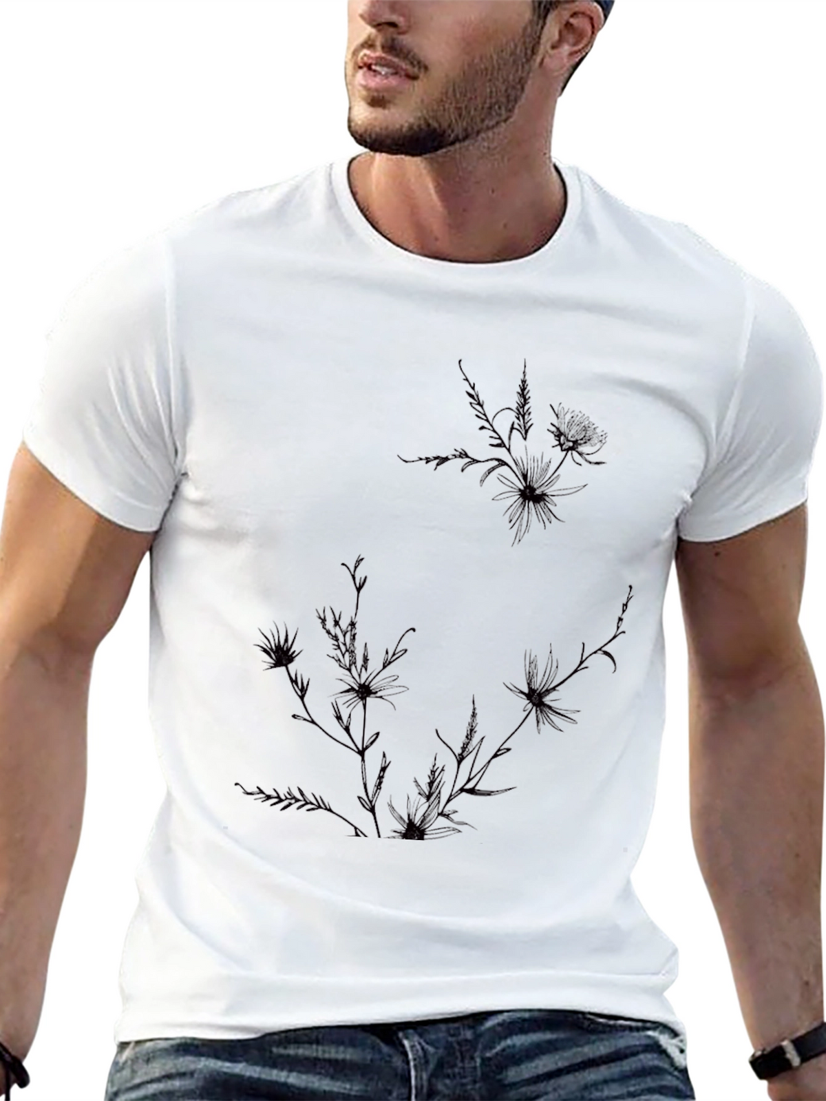 Mens Black Graphic Tee - Floral Accent