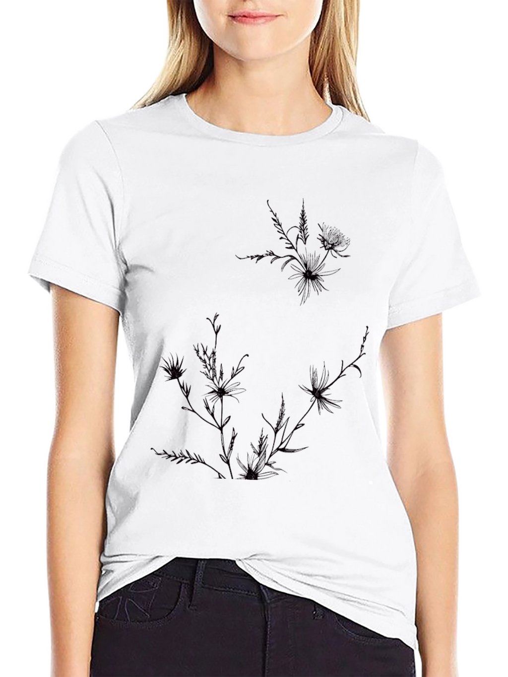 Mens Black Graphic Tee - Floral Accent