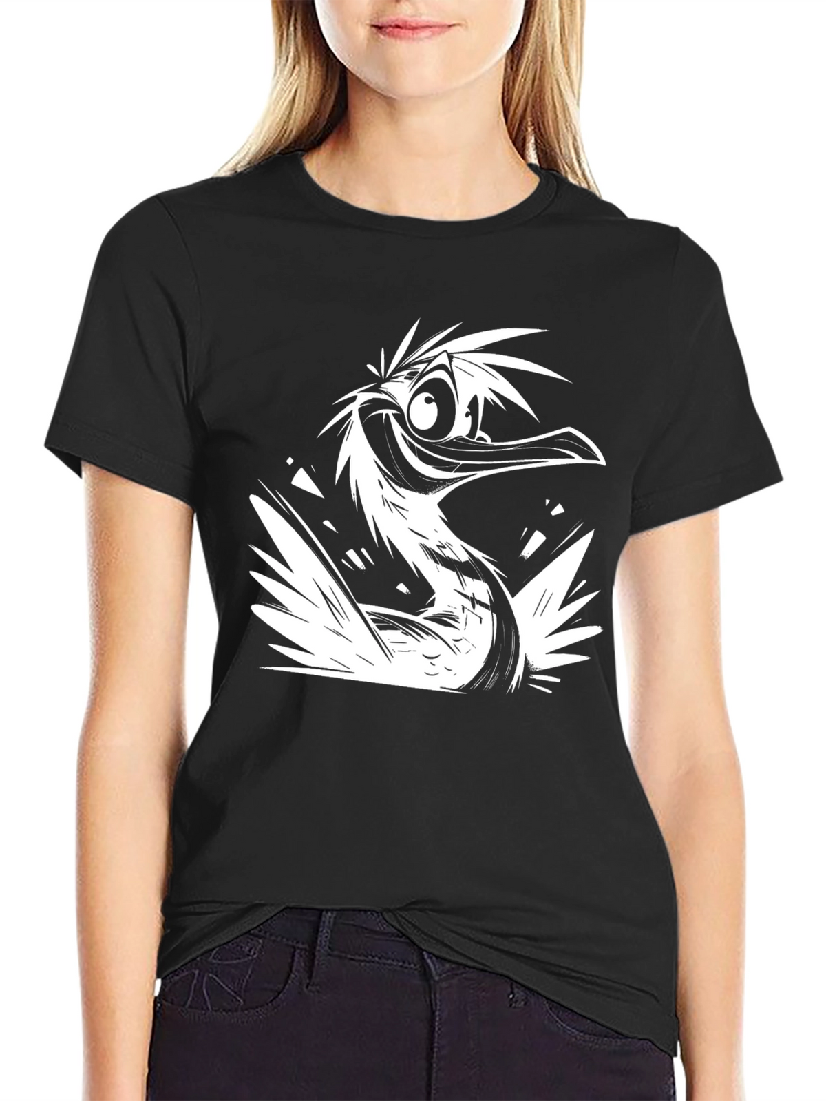 Cartoon Bird Graphic Black T-Shirt