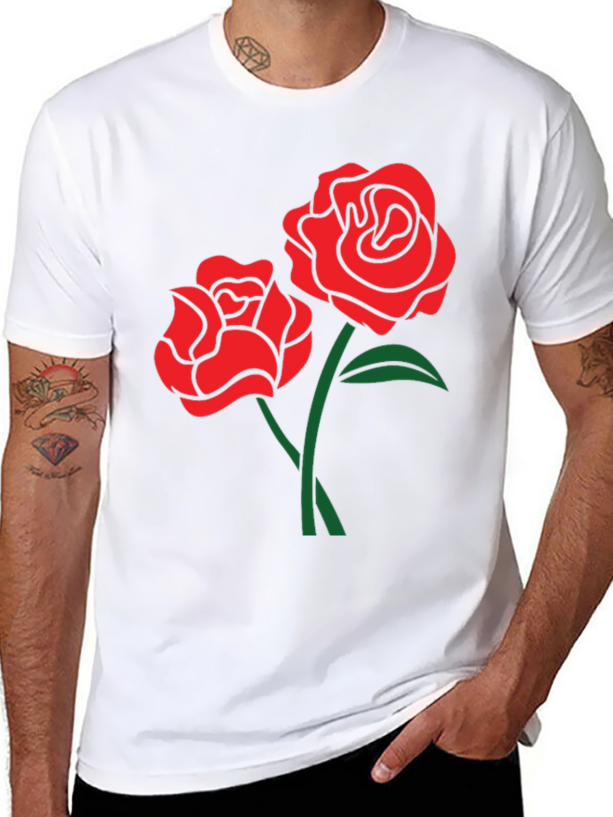 Black T-Shirt with Red Rose Design