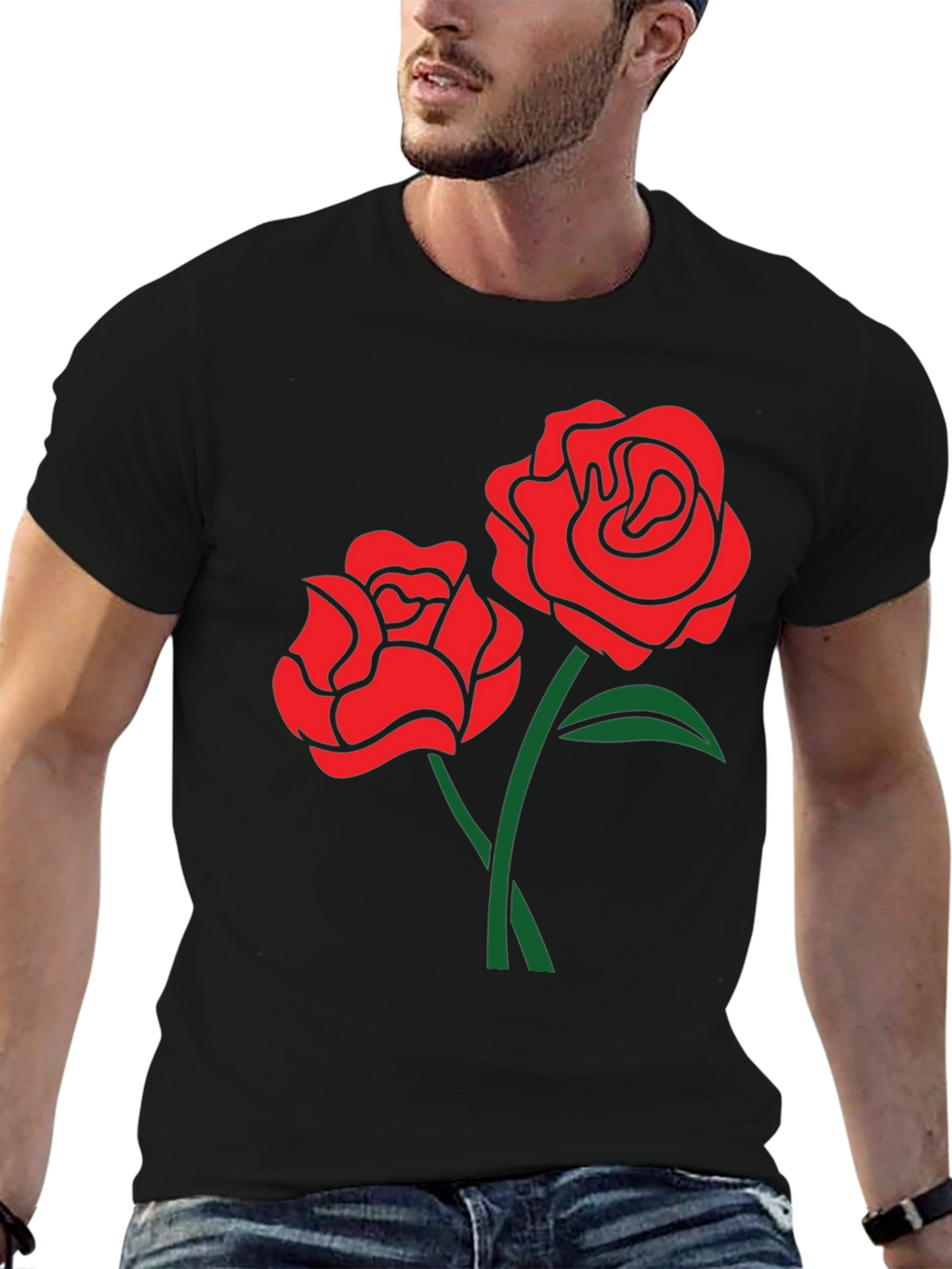 Black T-Shirt with Red Rose Design