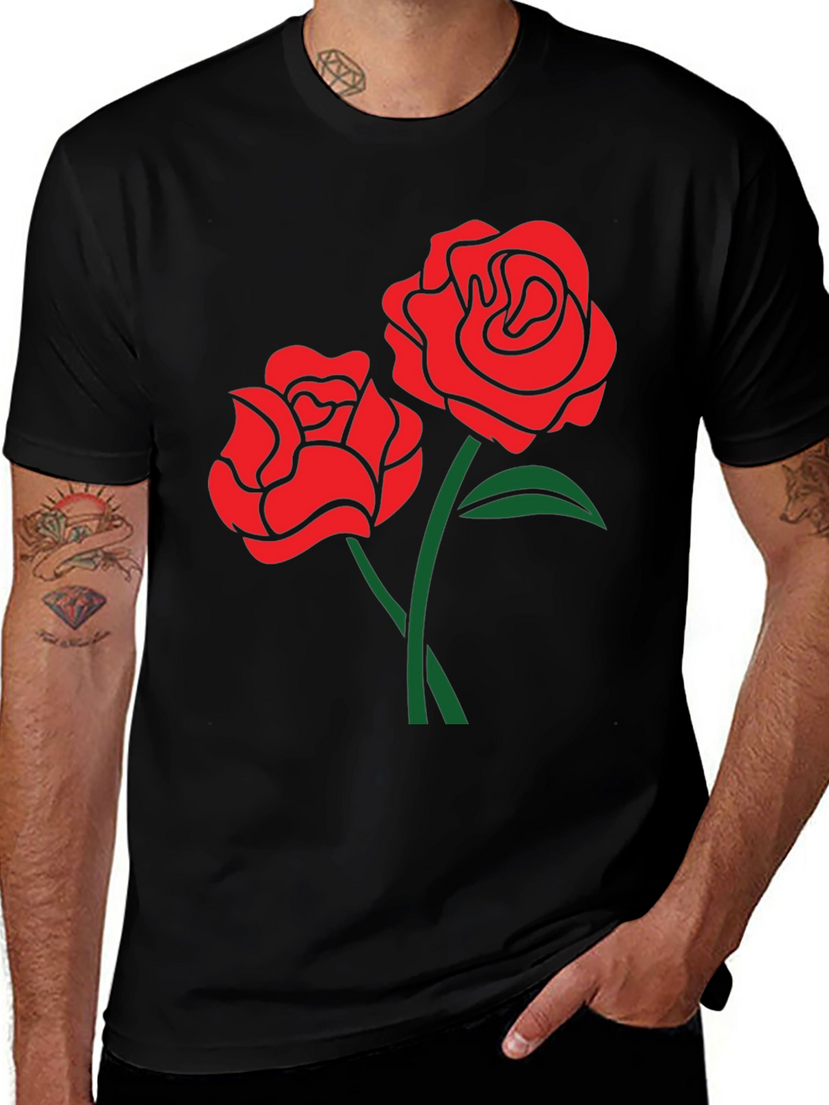 Black T-Shirt with Red Rose Design
