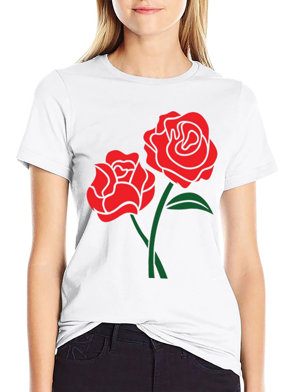 Black T-Shirt with Red Rose Design