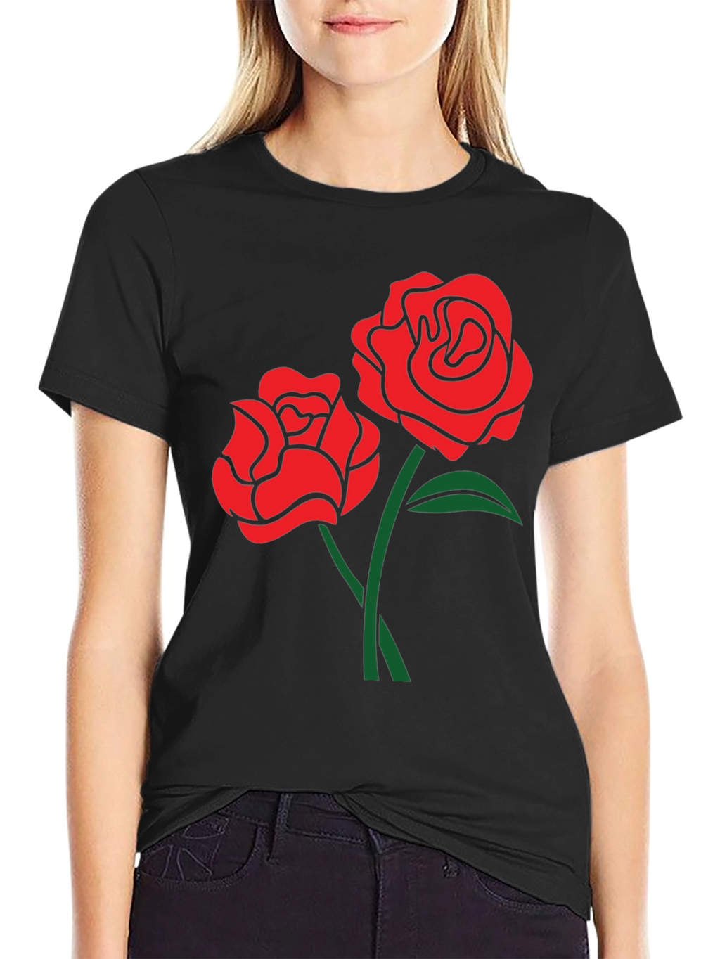 Black T-Shirt with Red Rose Design