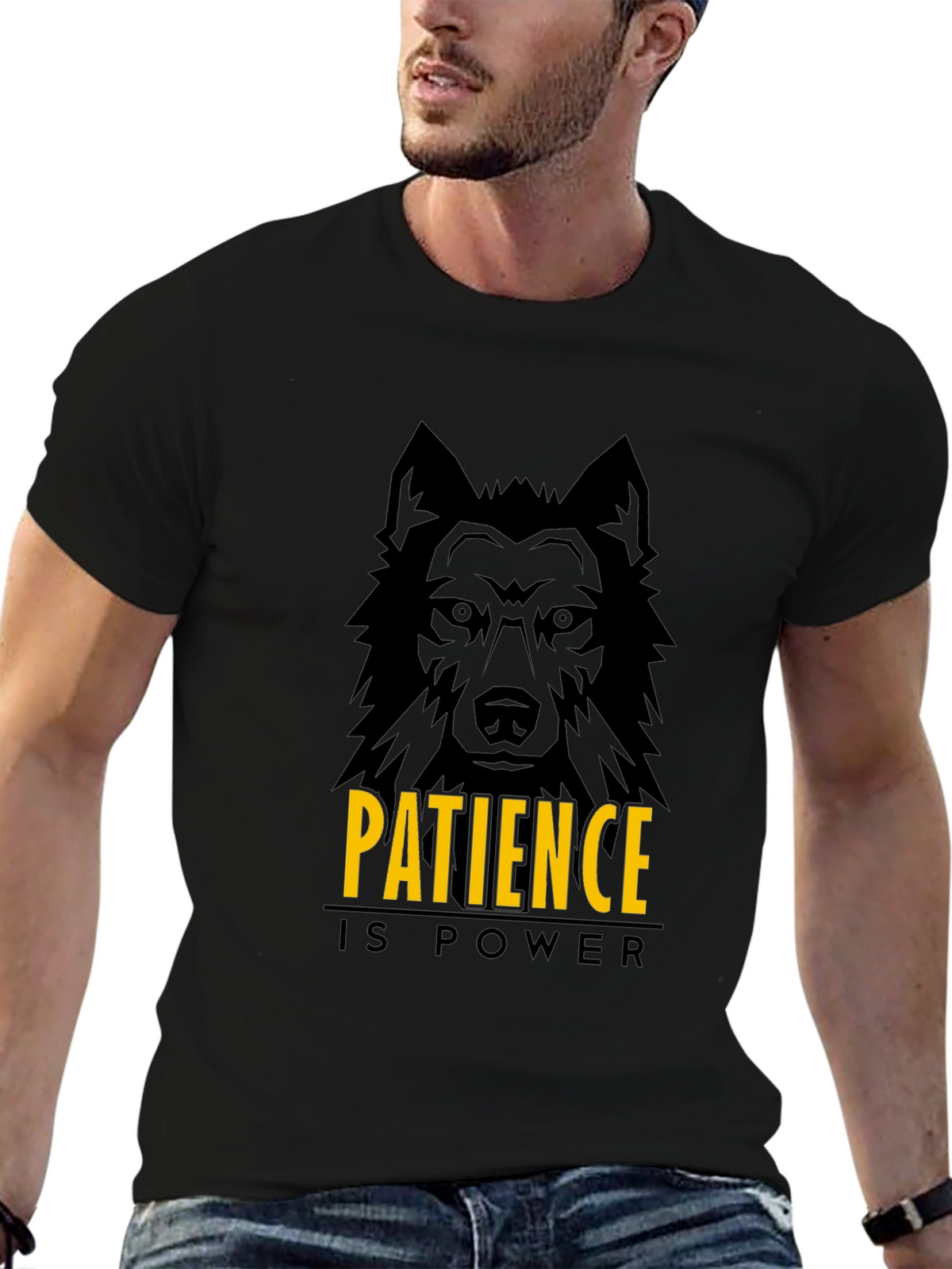 Patience is Power Wolf Graphic Black T-Shirt