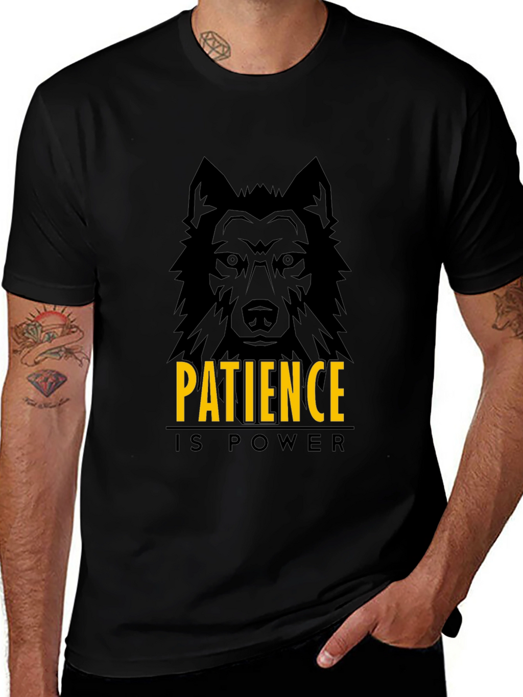 Patience is Power Wolf Graphic Black T-Shirt
