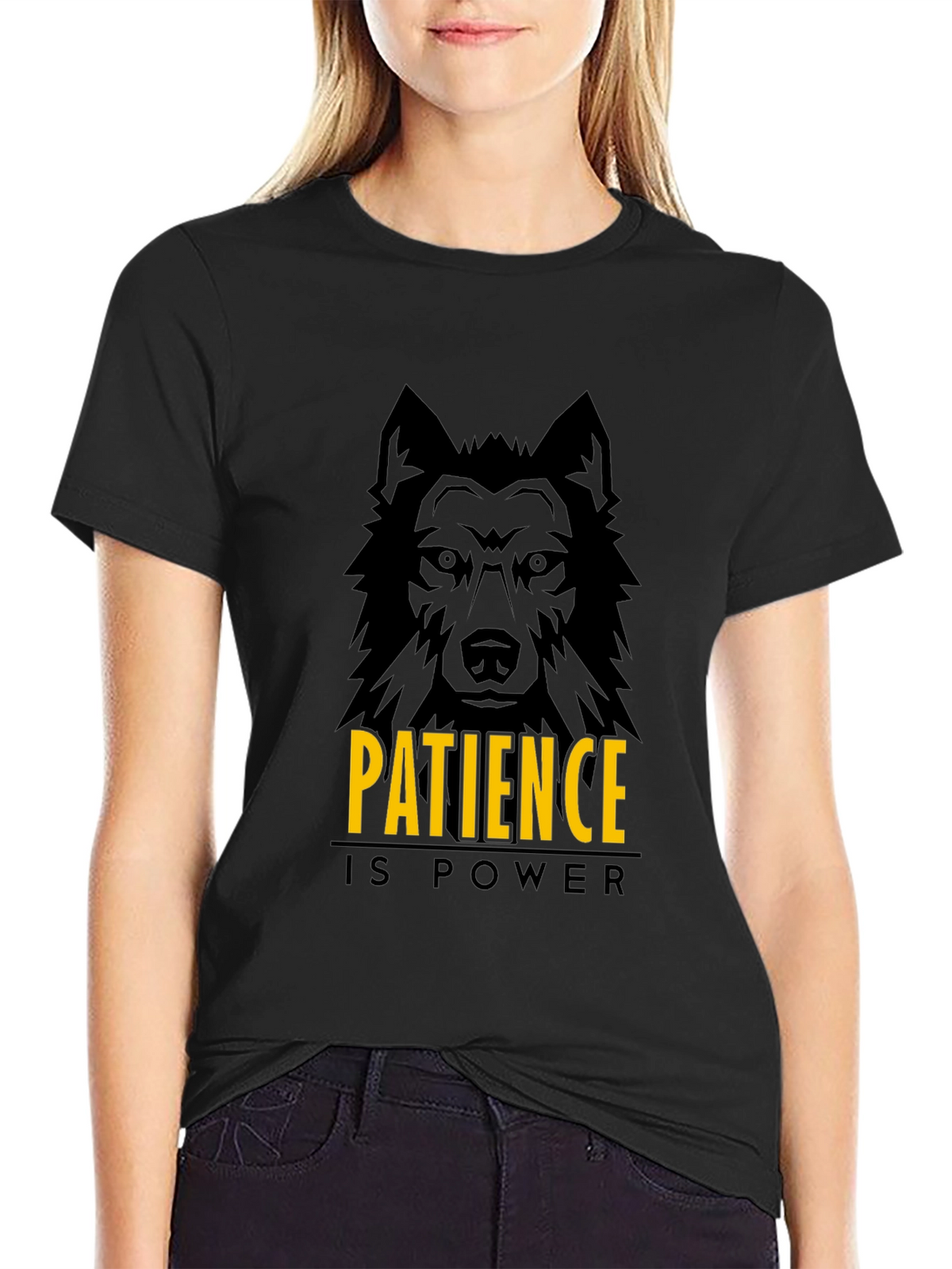 Patience is Power Wolf Graphic Black T-Shirt